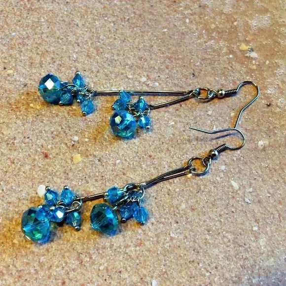 Hand Crafted Light Blue Faceted Czech Crystal 80mm Long Twin Dangle Earr… - Picture 5 of 5